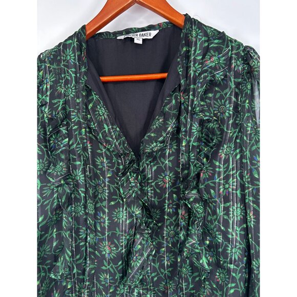 WALTER BAKER FLORAL GREEN LONG SLEEVE RUFFLE FRONT XL V-NECKLINE TOP - Picture 2 of 6